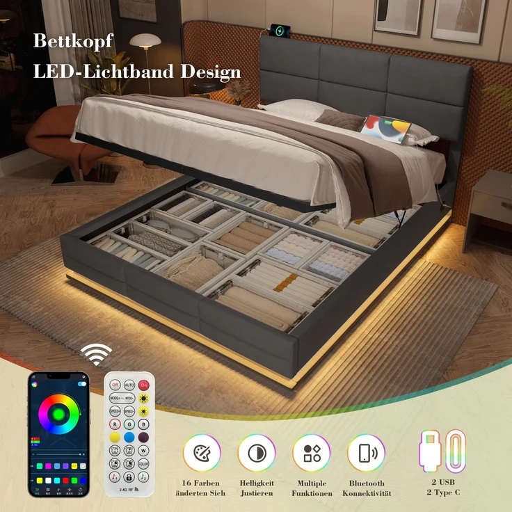 LVHOM Polsterbett 180x200cm mit LED und USB, Einzelbett mit Hydrauliksystem, Stauraumbett Samtstoff, Bettgestell Massiv, Boxspringbett, Grau – Bild 2