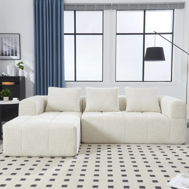 L-Form Sofa (3-Sitzer) mit Chaiselongue, Chenille, ohne Montage, 250x158x60 cm, Beige – Bild 4