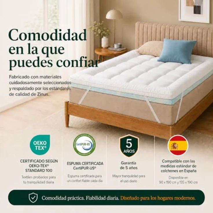 Zinus Mattress Topper, Polyester, Weiß, 190 x 135 cm | Zweilagig, weich, gepolstert und atmungsaktiv mit 4 elastischen Bändern – Bild 11