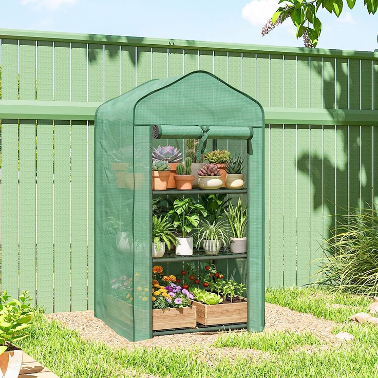 Wohnora-Gartengewächshaus mit 3 Regalböden, Balkongewächshaus, verstärkte PE-Plane, Stahlrahmen, 59 x 39 x 127 cm, grün,H 1270cm x T 630cm x B 390cm – Bild 2