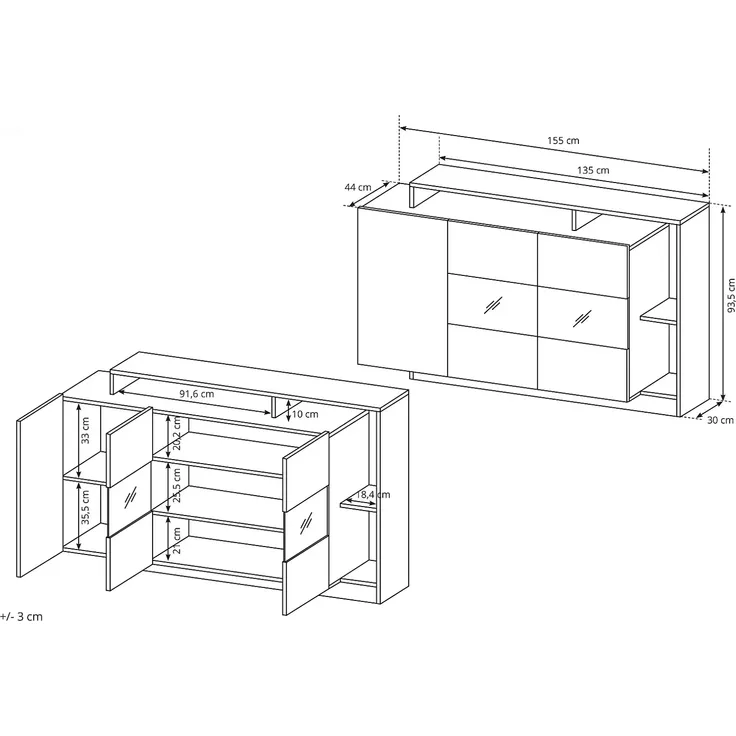 Vente-unique 'IDESIA' Sideboard mit 3 Türen, 3 Ablagen & LED-Beleuchtung, Holzspanplatte anthrazit / naturfarben, 155 x 44 x 93,5 cm – Bild 5