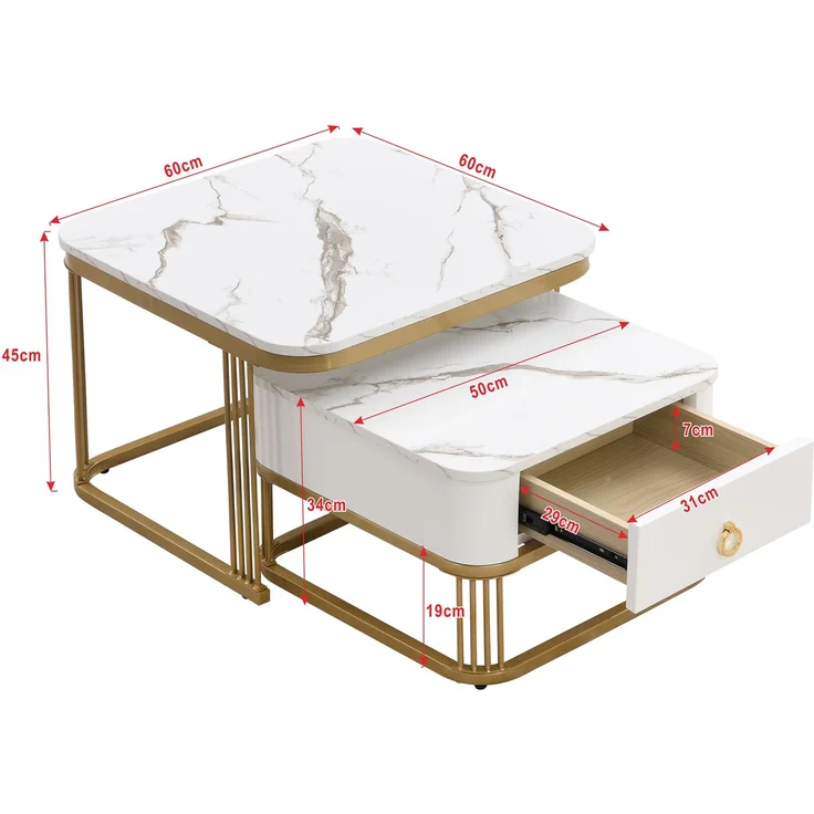 Merax Couchtisch Set Marmoroptik mit Schublade, Beistelltisch hochglanz, Satztisch,Wohnzimmertisch, Gold | Weiß – Bild 4