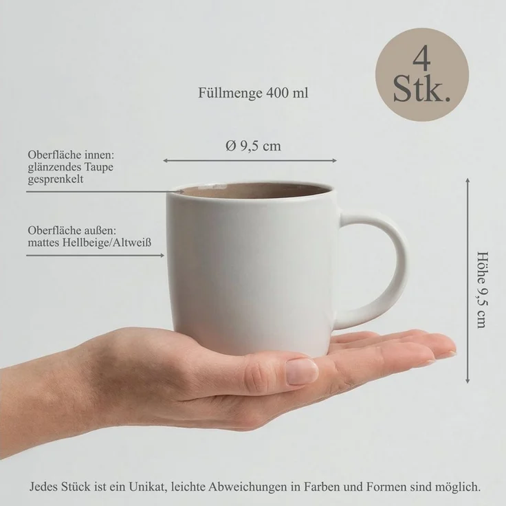 Hausfelder Geschirr-Set Geschirrset 4 Personen Steingut Becher 400ml Kaffeetassen Set (4-tlg), Steinzeug, spülmaschinen- & mikrowellengeeignet, Reaktivglasur – Bild 1