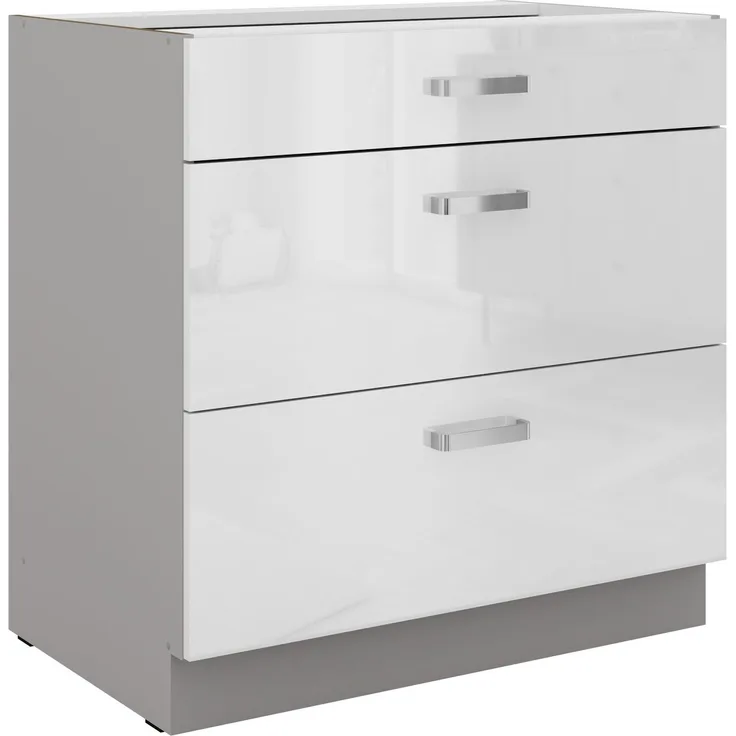 Küchen Unterschrank 80 Bianca Weiss Hochglanz + Grau Vollauszug Soft-Close