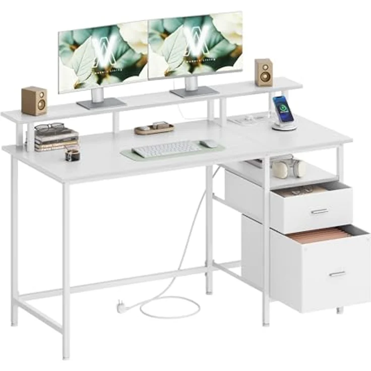 VASAGLE Schreibtisch mit Stoff-Schubladen, Computertisch mit Monitorständer, Bürotisch, 2 AC-Steckdosen, 2 USB-A-Anschlüsse, für Homeoffice, 140x60 cm, ahornweiß LWD094W01V1 – Bild 2