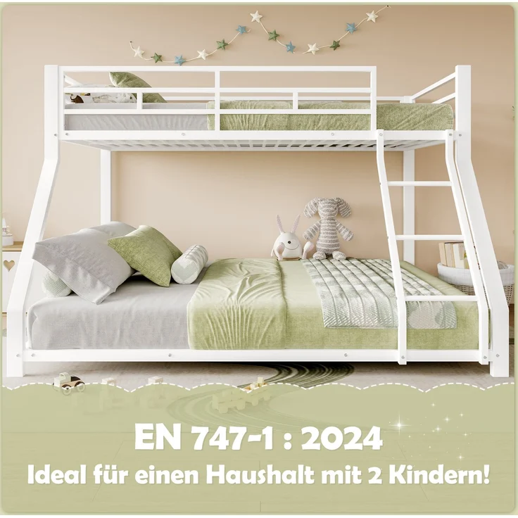 Etagenbett, 90*200 cm 140*200 cm, Geländer, Stufe, en747 zertifiziert, ohne Matratze, Metall, Weiß – Bild 3