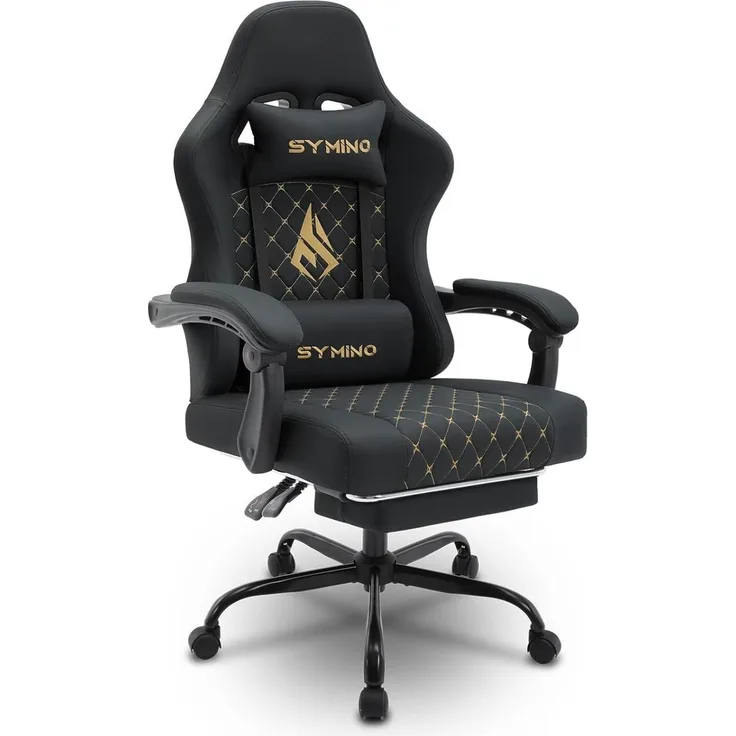 Symino Racing Gamer Stuhl mit Lendenwirbelstütze und Fußstütze, Stabil, Schwarz