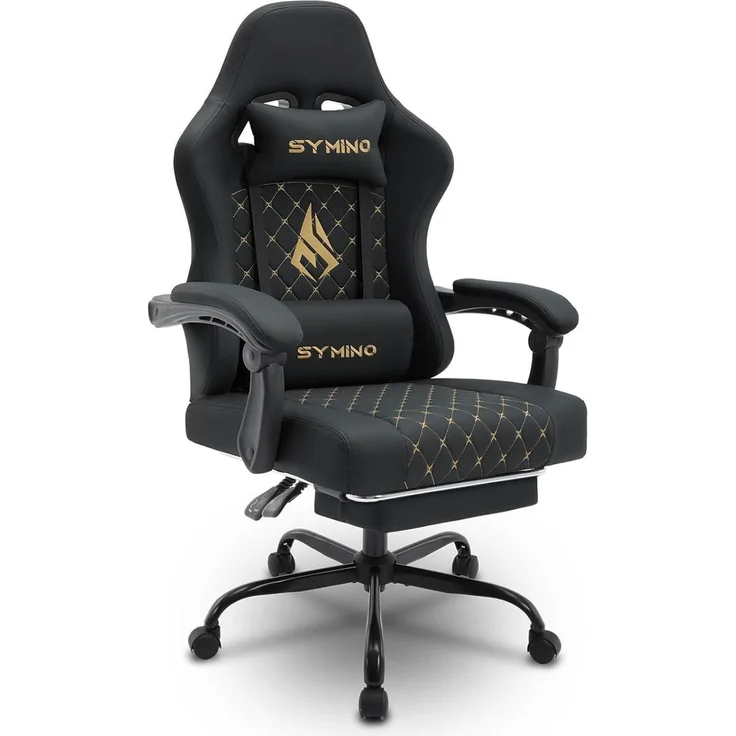Symino Racing Gamer Stuhl mit Lendenwirbelstütze und Fußstütze, Stabil, Schwarz – Bild 1