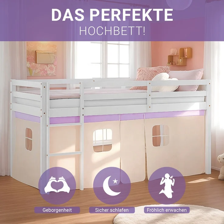 Hochbett Kinder 90x200 cm mit Lattenrost Kinderbett Kinderhochbett Stockbett Vorhang Lila Peach Holz Massiv – Bild 4
