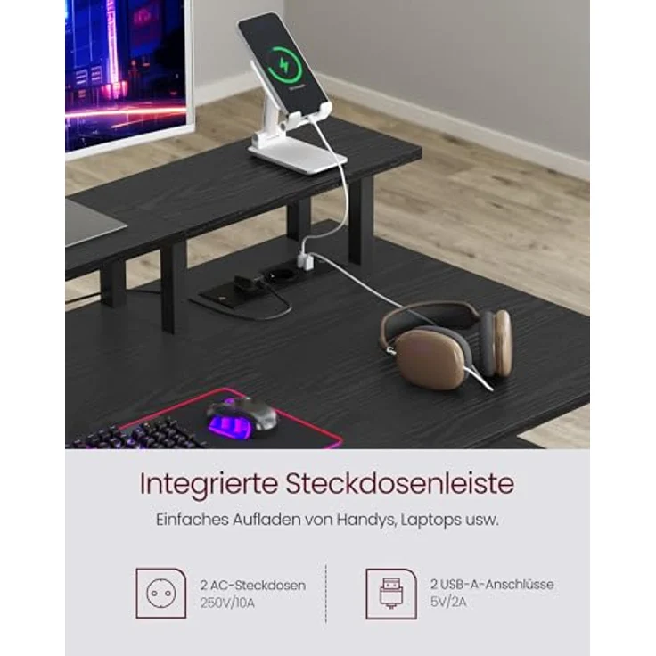 VASAGLE Gaming-Schreibtisch, mit Schubladen aus Stoff, Computertisch mit Bildschirmhalterung, Mehrfachsteckdose, 2 USB-Anschlüsse, für Heimbüro, 120x60 cm, Schwarz Holz LWD093B01V1 – Bild 3