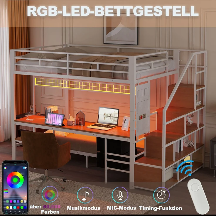Hochbett Metall/MDF mit Schreibtisch, LED & USB-Anschluss, 247x144,5x170 cm, Weiß, ohne Matratze – Bild 7