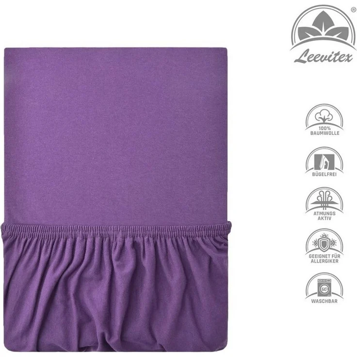 leevitex® Spannbettlaken, Premium 170g/m², Gummizug: rundum, schwer und dick, 100% Jersey-Baumwolle, Lila / Pflaume, 90 x 200 - 100 x 220 cm – Bild 2