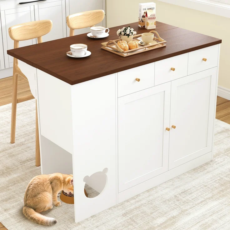 Merax Kücheninsel, Küchenwagen & Sideboard mit Schubladen – mit ausziehbarer Arbeitsplatte, Würzregal, Haustierfressbereich (ohne Katzensteller), Weiß + Nussbaumfarbe – Bild 3