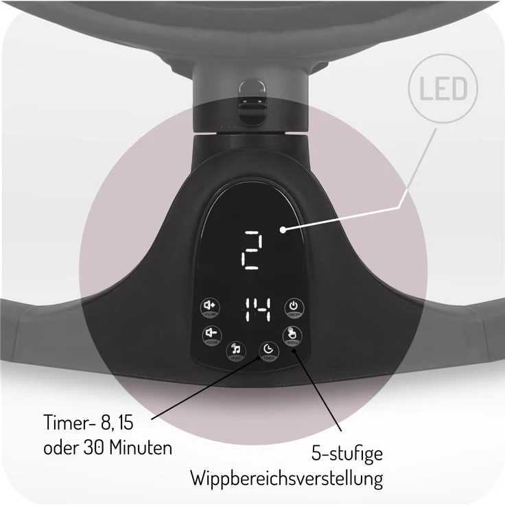 MoMi KENANI ONYX Babywippe für Babys bis 9 kg, mit LED-Display, Fernbedienung & Bluetooth für Smartphone, Batterie- oder Stromanschluss, mit 5-Punkt-Sicherheitsgurt, Bügel und Spielzeug – Bild 5