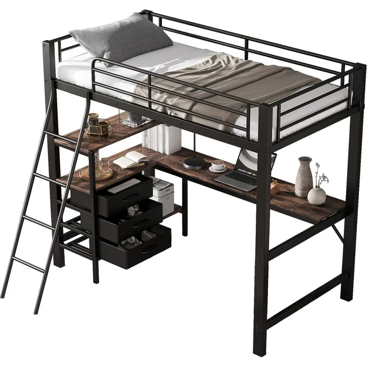 Hochbett mit Rausfallschutz, Lattenrost, Regal und Schreibtisch, 90x200 cm, Metallbett, Kinderbett, Jugendbett