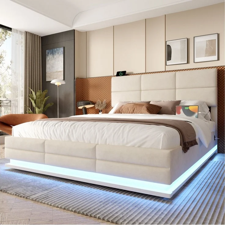 Celya Polsterbett mit höhenverstellbarem Kopfteil und LED-Ambientebeleuchtung (ohne Matratze, Inkl. USB und Type-C-Anschlüsse), mit hydraulischem Lift-System und XXL-Stauraum – Bild 1
