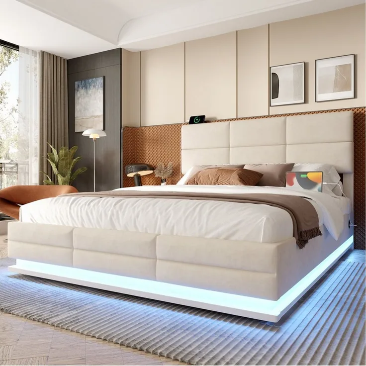 Celya Polsterbett mit höhenverstellbarem Kopfteil und LED-Ambientebeleuchtung (ohne Matratze, Inkl. USB und Type-C-Anschlüsse), mit hydraulischem Lift-System und XXL-Stauraum