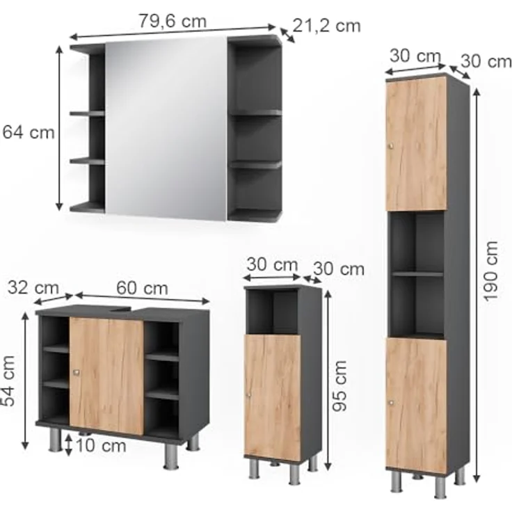 Vichy Badmöbel-Set Fynn, modernes Badmöbelset mit 4 Teilen, Anthrazit/Goldkraft Eiche, großzügiger Stauraum für Badutensilien – Bild 3