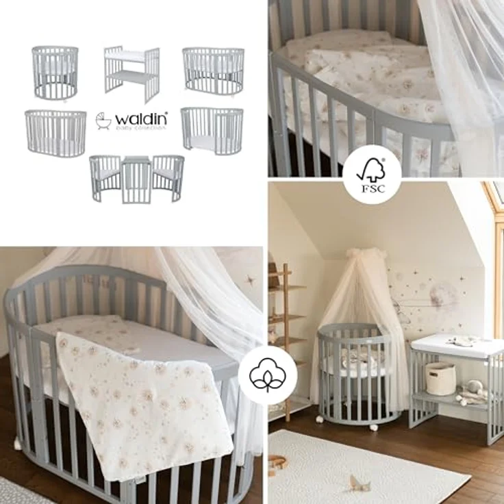 Waldin Babybett OWAL aus Holz 7in1 mit Matratze, mitwachsendes Kinder-Bett, belüftet, Boden 5-fach verstellbar, All-Inclusive-Set Holz grau, Stoffe Champagner Löwenzahn – Bild 6