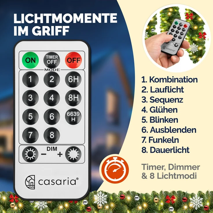Casaria Weihnachtsgirlande 5m 80 LED inkl. Deko mit Fernbedienung Outdoor Girlande Weihnachten Tannengirlande Außen Weihnachtsdeko – Bild 3