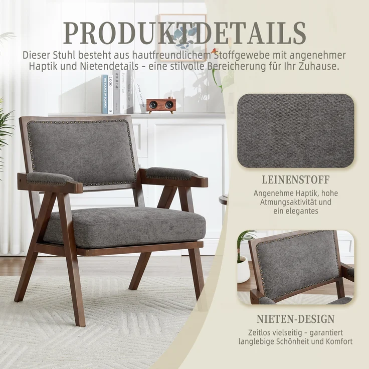 LVHOM Loungesessel mit Armlehne, Polstersessel aus Linen, Massivholzgestell, für Wohnzimmer, Büro, Schlafzimmer, Grau – Bild 7