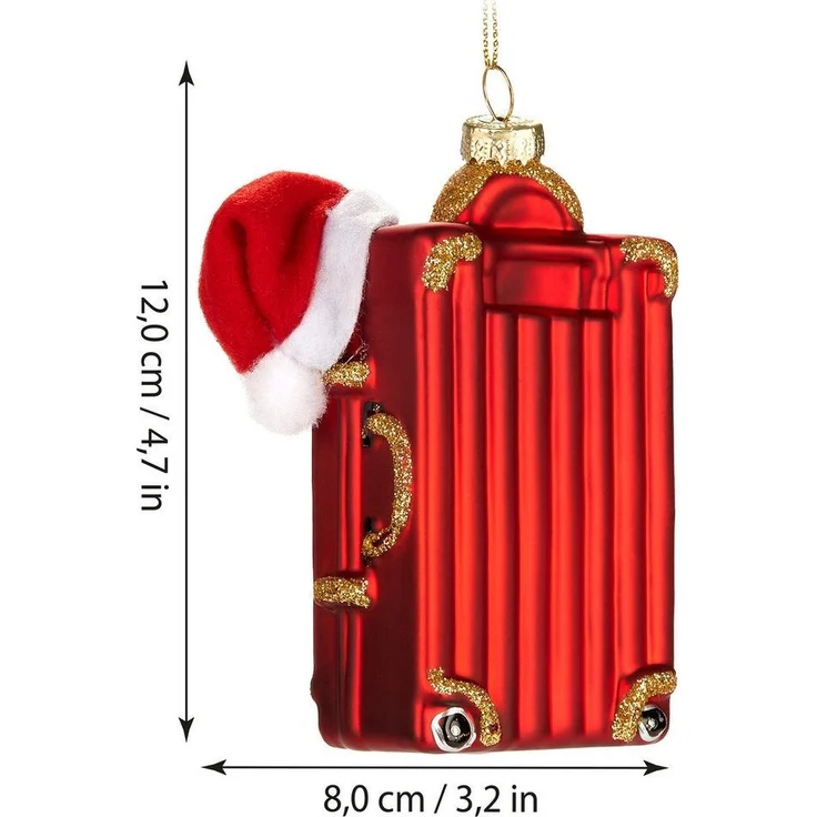 BRUBAKER Weihnachtsbaumkugel Koffer vom Weihnachtsmann - Handbemalte Weihnachtskugel aus Glas (1 St), - 12 cm Baumkugel Weihnachtskoffer Rot mit Weihnachtsmütze – Bild 3