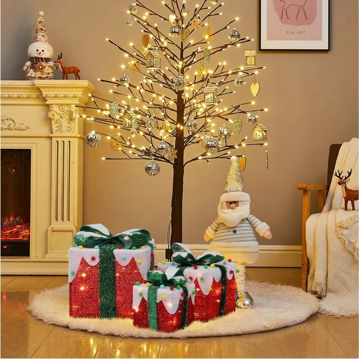 LALAHO LED Dekolicht LED Geschenkbox Weihnachtsdeko 3er Set, mit 60 warmweißen LEDs Weihnachtsdeko beleuchtete 18/13/10 cm – Bild 4