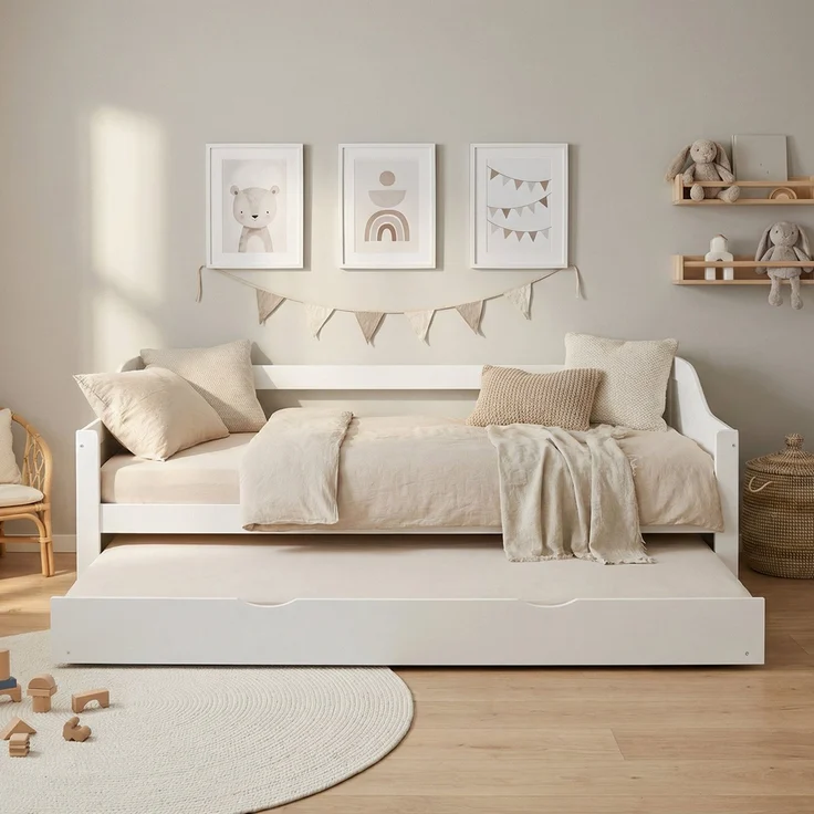 Gästebett Holzbett 90x200 cm mit 2 Matratzen Weiß Tagesbett ausziehbar Jugendbett Ausziehbett Funktionsbett – Bild 9