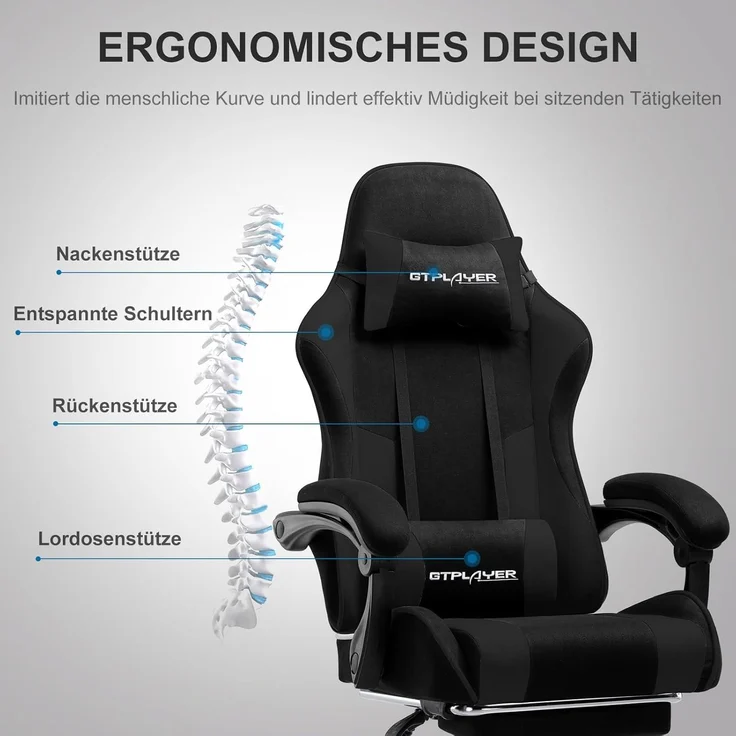 GTPLAYER Gaming Stuhl Stoff, Bürostuhl Massage Gaming Sessel Ergonomischer Gamer Stuhl mit Fußstütze, Kopfstütze Massage-Lendenkissen, Gepolstert Gaming Chair, Drehsessel, weiß – Bild 2