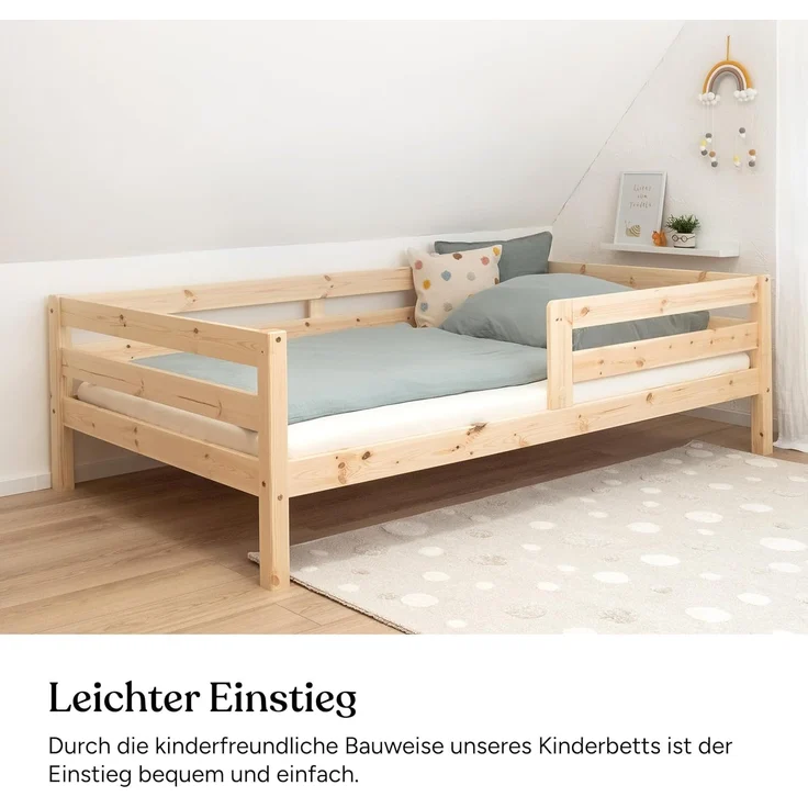 Ehrenkind Kinderbett aus massivem Kiefernholz mit Rausfallschutz in Natur und Weiß (Jugendbett in weiß, Kinder Bett), Kinderbett 120x200 cm – Bild 3