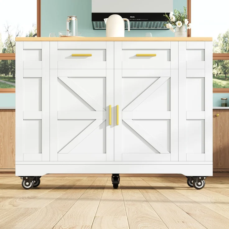 Servierwagen Kücheninsel MDF ausziehbar klappbar 120cm Skandinavisch 3D-Schranktüren Metallgriffe,Weiß – Bild 3