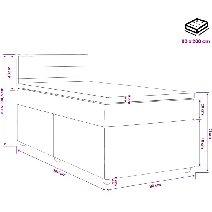 vidaXL Boxspringbett mit Matratze mit Kopfteil Blau 90 x 200 cm Stoff 3450866 – Bild 11