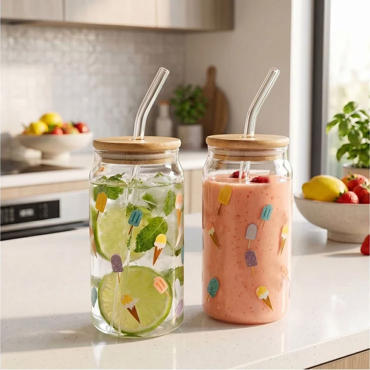 Levandeo® Glas, 2er Set Trinkglas 500ml Eis am Stiel Glas-Strohhalm Deckel – Bild 4