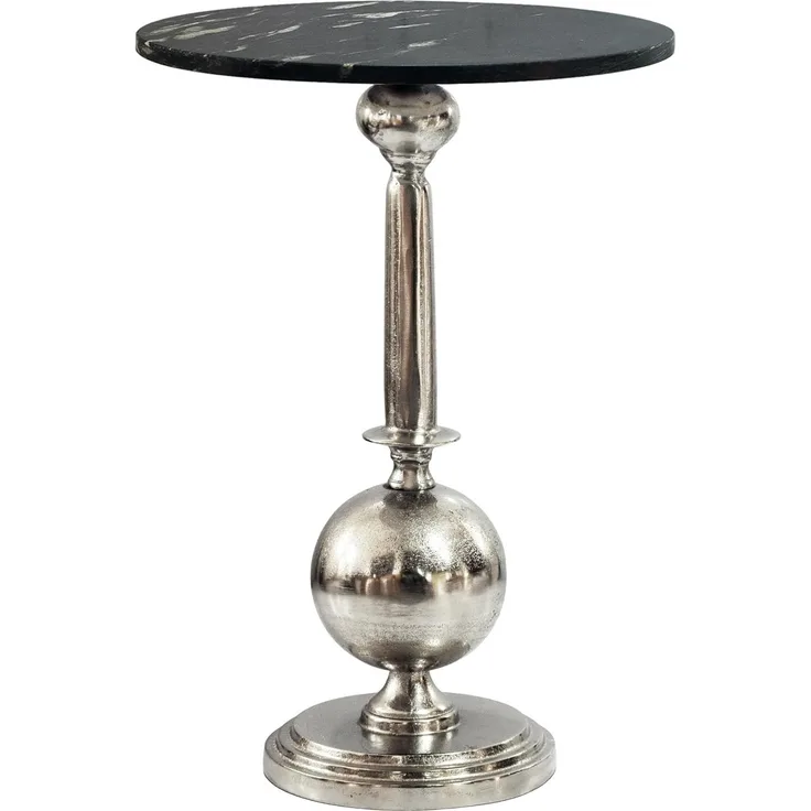 Beistelltisch Rund 40cm Silber mit massiver Marmorplatte Schwarz - Design Anstelltisch Metall Naturstein - Loungetisch Couchtisch Art Déco - Sofatisch Wohnzimmertisch Handmade