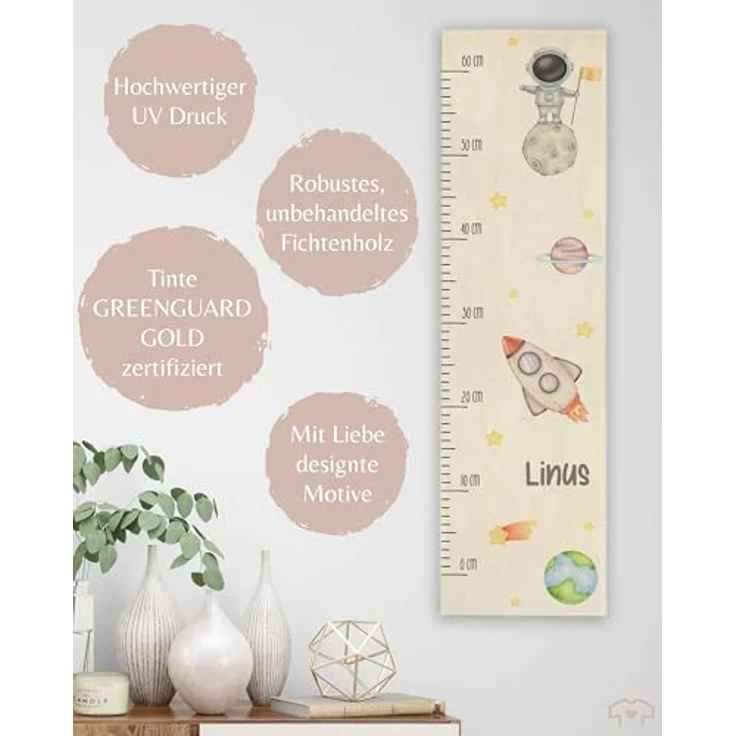 Messlatte Kind Holz - KIndermesslatte Weltall mit Astronaut und Name I Rakete I Erde I Stern I Mondlandung I Raumanzug I Weltraum - 0-60 cm - Holz - kinder personalisierte kleinkinder geschenke – Bild 6