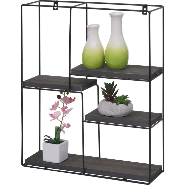 Wandregal HWC-K76, Hängeregal Schweberegal Regal, 4 Regalböden Metall Massiv-Holz Industrial 51x40x11cm ~ dunkelgrau