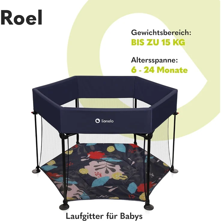 LIONELO Roel Laufstall Baby bis zu 15 kg, Großformat 135x85 cm, sechseckige Form, LockGuard Faltschloss, verstärkte Basis, rutschfeste Fußkappen, Schutztasche – Bild 2