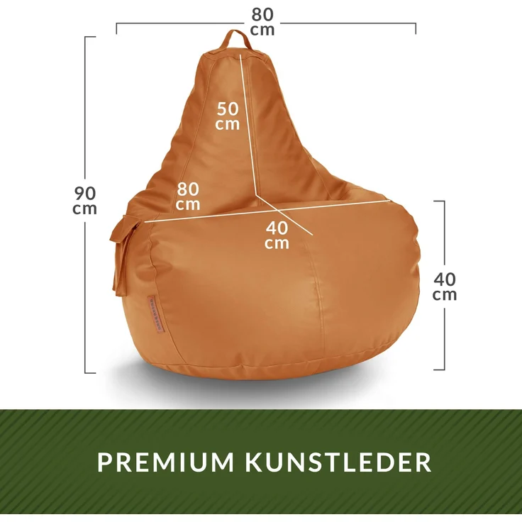 Green Bean® Sitzsack aus Kunstleder mit EPS Perlen Füllung - 90 x 80 x 70 cm - Bean Bag - Gaming Chair Rückenlehne - Cognac – Bild 4