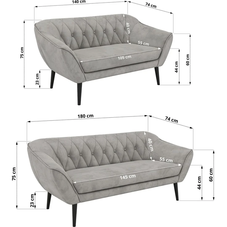 Skandinavisches Sofa Set PIRS 3-2, Komplettset, Wellenfederung, schwarze Füße, Sitzgruppe, Polstermöbel Set - Hellgrau Velvet – Bild 5