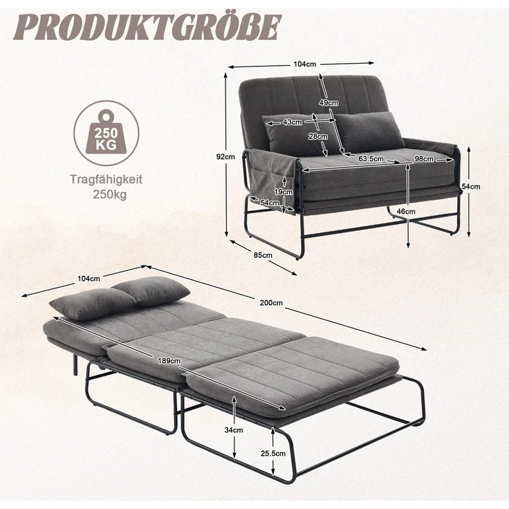 ZUBALIYA Schlafsofa 85x92 cm, mit Stauraum, mit Chenille - Bezug, mit breiten Armlehnen, mit Schaumstoffpolsterung, Schwarz – Bild 8