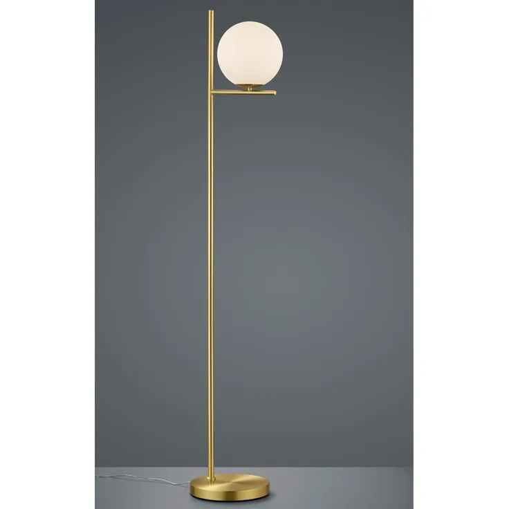 Design LED Stehleuchte in Messing matt mit Lampenschirm Kugel Opalglas, H: 150cm