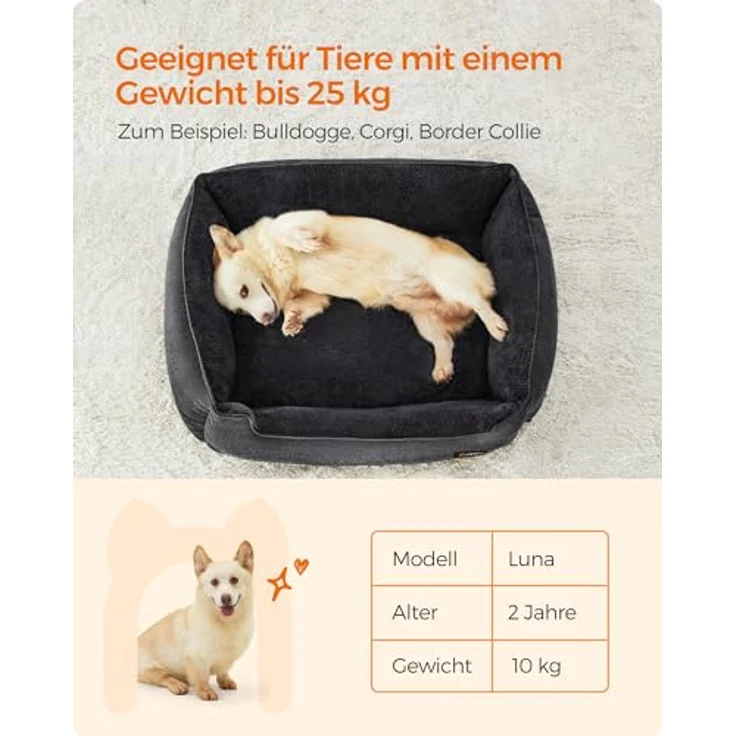 Feandrea Hundebett, Hundekissen in Leinenoptik, Hundekorb, erhöhte Ränder, rutschfeste Unterseite, Bezug abnehmbar waschbar, L, für mittelgroße Hunde, 90 x 75 x 25 cm, dunkelgrau PGW011G01 – Bild 10