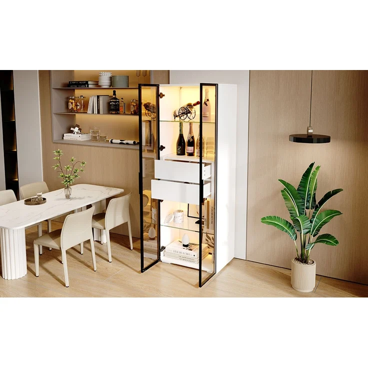 60*40*160cm Schrank,Vitrine Schranktür aus gehärtetem Glas,Vitrine Lagerschrank mit LED,2Glasboden,2Schubladen,Highboard,Wohnzimmerschrank,Aufbewahrungsschrank,Hochschrank,Sofaschrank,Weiß--Weiß + Schwarz--60x40x160cm--YOUDENOVA – Bild 9