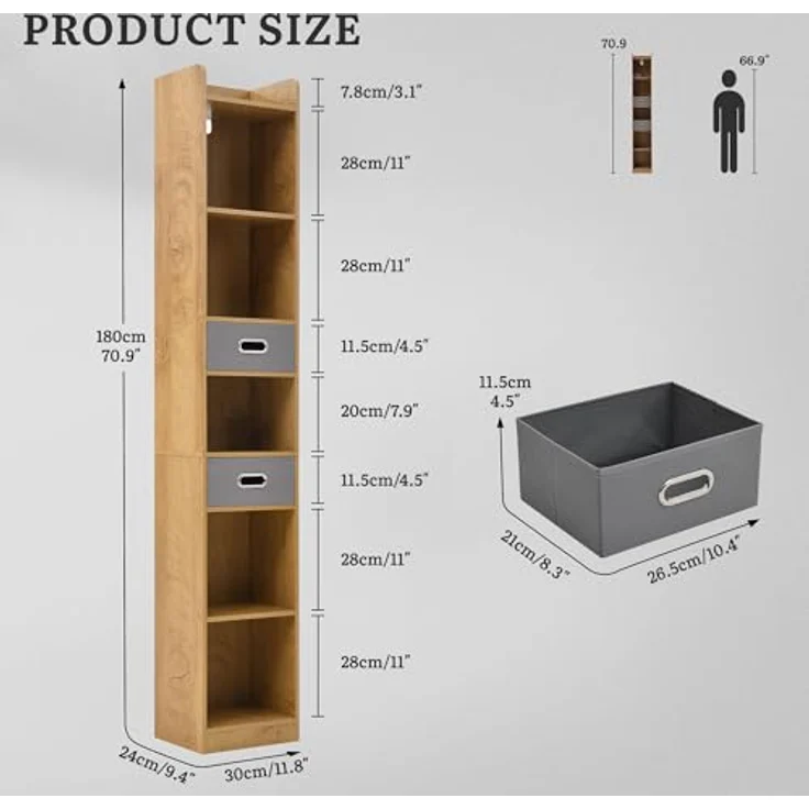 YITAHOME Hohes, schmales Bücherregal, schlankes Eckregal mit 5 Ebenen und 2 Stoffschubladen, freistehendes Regal für Wohnzimmer, Schlafzimmer, Büro, Eichenfarbe, 30 B × 24 T × 180 H cm – Bild 3