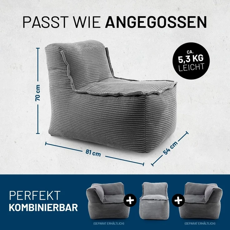 Lumaland Sitzsack-Sofa, Polyester, Mittelteil, Cord - Grau, 70 x 81 x 54 cm – Bild 2