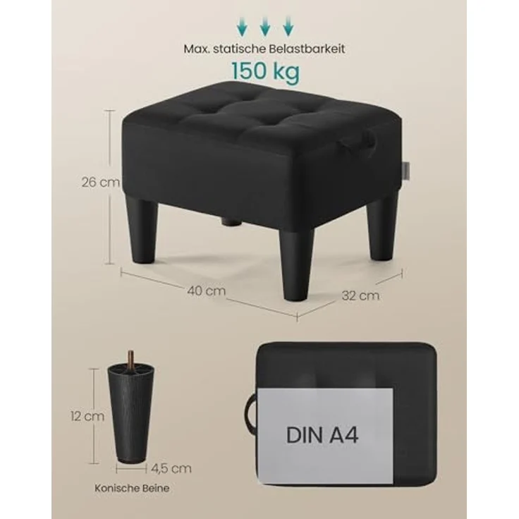 SONGMICS Sitzhocker, Fußhocker, Leinenimitat, Hocker, Dicke Polsterung, bis 150 kg belastbar, für Wohnzimmer Schlafzimmer Eingangsbereich, tintenschwarz – Bild 3