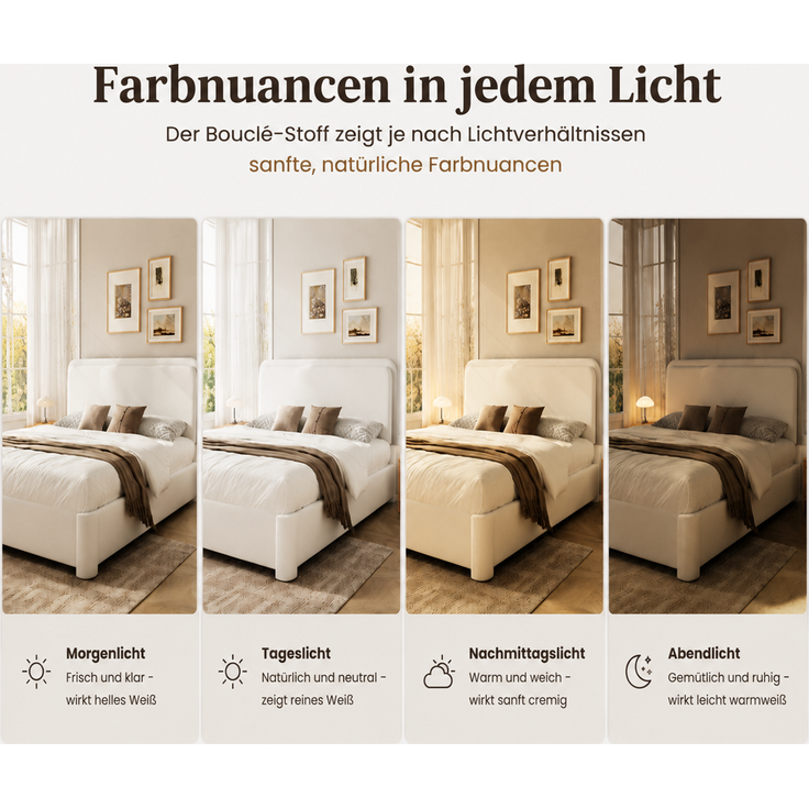 Polsterbett, Bouclé mit Stauraum & höhenverstellbarem Kopfteil, 160x200 cm, Weiß, ohne Matratze – Bild 7