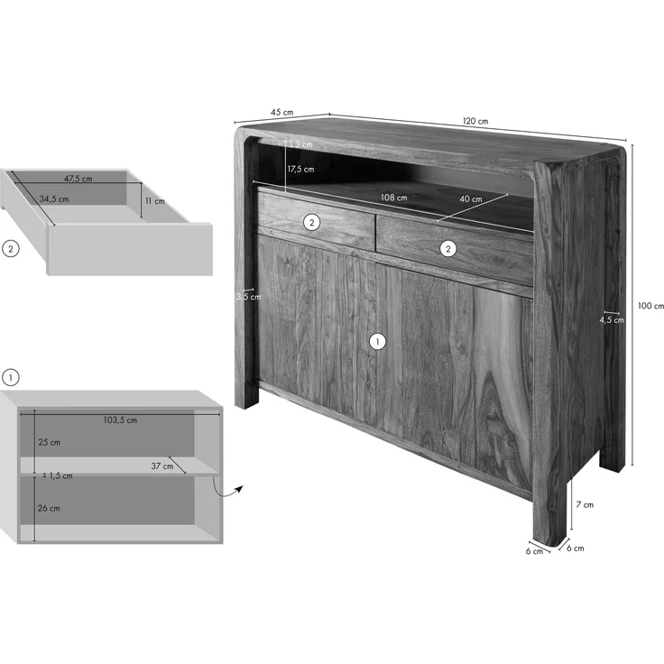 Sideboard Sheesham 120x45x100 grau geölt BUENO #2005 – Bild 8