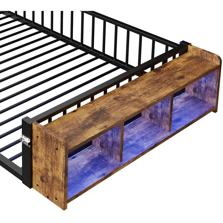 Kinderbett mit LED-Streifen, Regal, Zaun, Lattenrost und Tür, 140x200 cm, Einzelbett mit Rausfallschutz, Metallbett – Bild 10