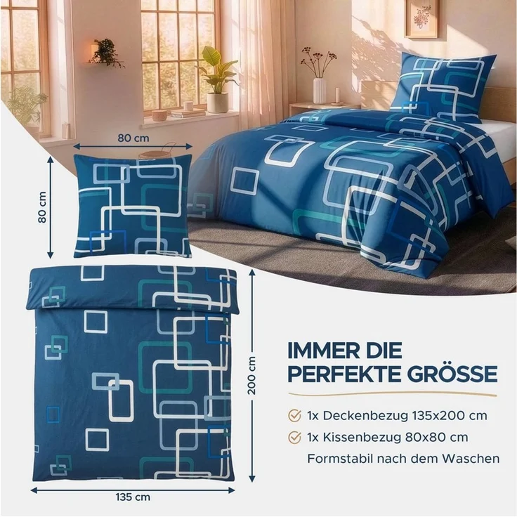 Malika Bettwäsche 135x200 + 80x80 cm atmungsaktiver Baummwoll Renforce Bettbezug, Renforce Baumwolle, 2 teilig, Für Allergiker geeignet, pflegeleicht, angenehm weicher Stoff